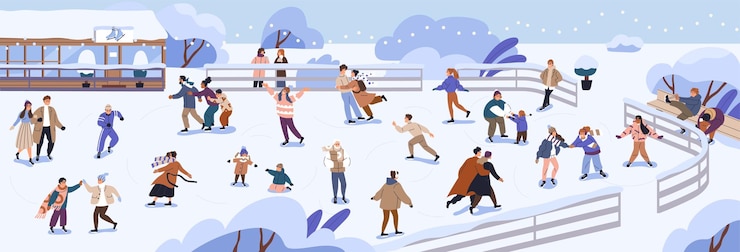 Vecteur piste de patinage sur glace avec des gens patinant parc public extérieur pour l'activité hivernale divertissement divertissement loisirs foule de patineurs en vacances paysage panoramique avec neige illustration vectorielle plate