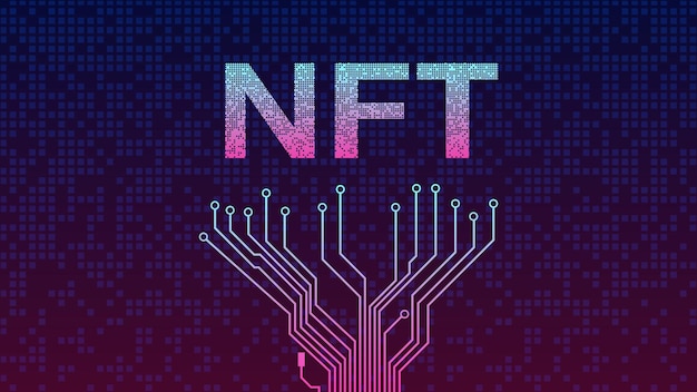 Pistes De Pcb Sur Le Fond Et Texte émietté Jeton Non Fongible Ntf Provenant De La Chute De Cubes Dorés Texte Fragmenté à Partir De Blocs Sur Fond Violet En-tête Ou Bannière De Site Web Illustration Vectorielle