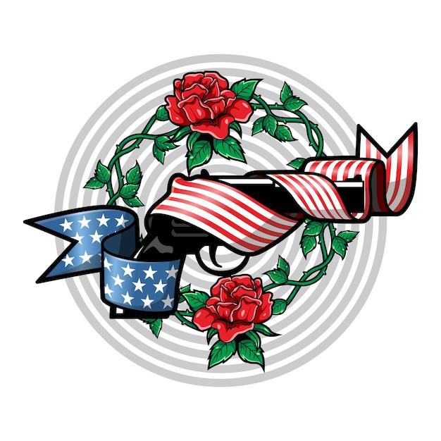Vecteur pistolet d'illustration de luxe et vintage avec logo de roses rouges drapeau américain