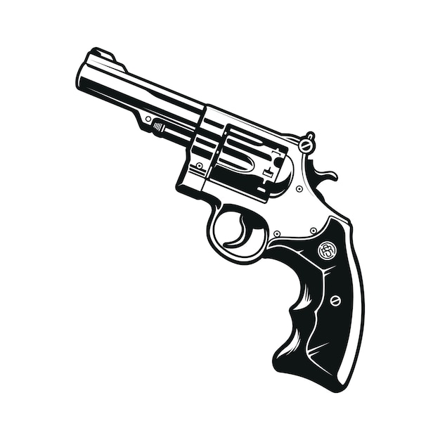 Pistolet revolver fictif Élément de conception isolé Illustration vectorielle détaillée en noir et blanc du pistolet avec des lignes nettes et nettes