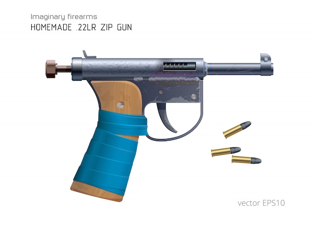 «pistolet à Zip» Fait Maison Et Munitions 22lr. Image Vectorielle Réaliste. Pistolet De Petit Calibre Fait De Détails Improvisés Bon Marché. Poignée En Bois Brut Avec Un Ruban Adhésif Bleu. Pistolet De Fortune Drôle.