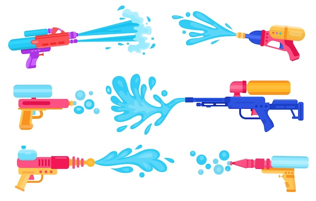 Vecteur pistolets jouets pulvérisant de l'eau pour les jeux d'été et le festival de songkran pistolets pour enfants de dessin animé avec des éclaboussures de liquide