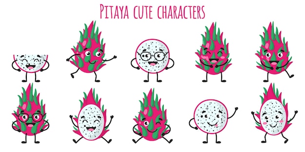 Pitaya Fruits Mignons Personnages Gais Drôles Avec Différentes Poses Et émotions
