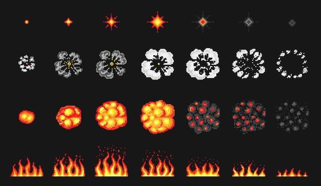 Pixel Art Bit Feu Objets Explosion Nucléaire Jeu Icônes Ensemble Bande Dessinée Boom Effets De Flamme Bang Burst