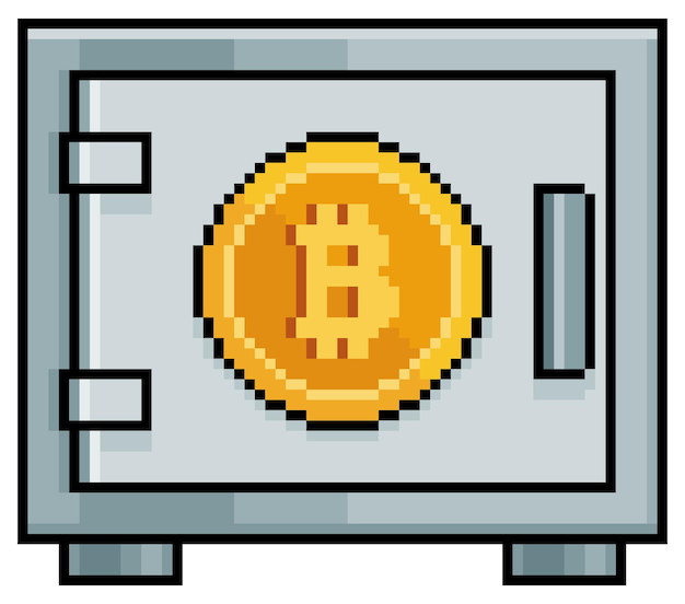 Pixel Art Bitcoin Voûte Stockez En Toute Sécurité L'icône Vectorielle Des Crypto-monnaies Pour Le Jeu 8 Bits Sur Fond Blanc