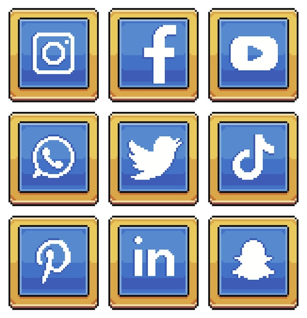 Vecteur pixel art icônes de médias sociaux au format carré bleu icônes de style 8 bits vecteur pour sites web et applications