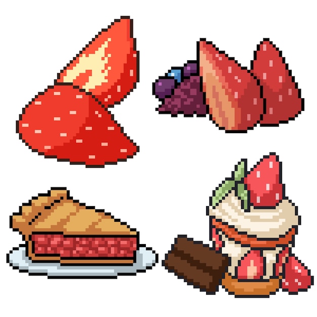 Pixel Art Set Dessert Aux Fraises Isolé