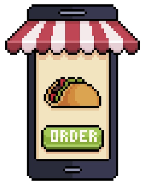 Pixel Art Téléphone Mobile Commandant Des Tacos Mexicains Dans L'icône Vectorielle De L'application Alimentaire Pour Le Jeu 8 Bits