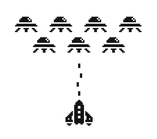 Pixel Art Vaisseau Spatial Vs Aliens Jeu D'icônes En Noir Et Blanc 1bit Conception De Jeux D'applications Mobiles