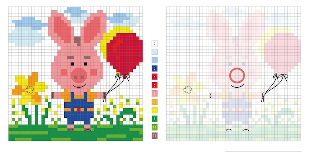 Vecteur pixel illustration vecteur dessin animé cochon drôle, broderie, coloration logique, imagination de la motricité