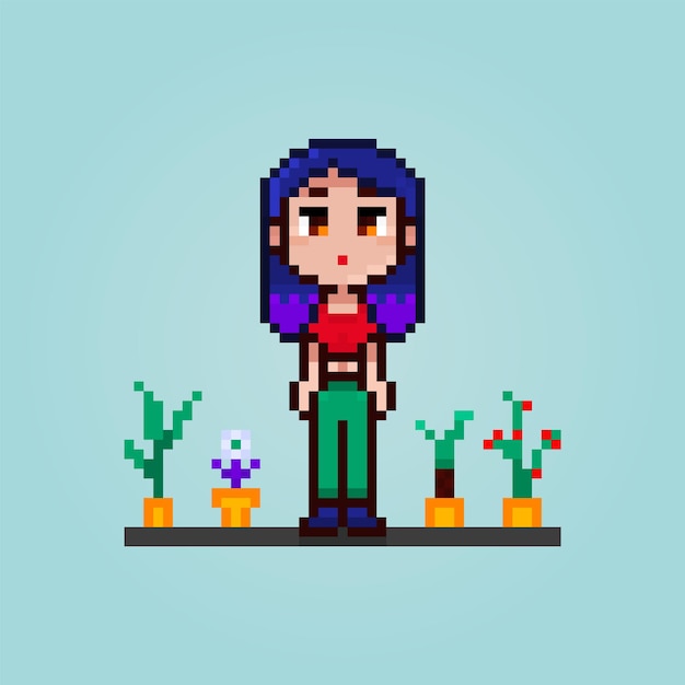 Pixel Mignonne Jeune Fille Avec Des Plantes Et Des Fleurs