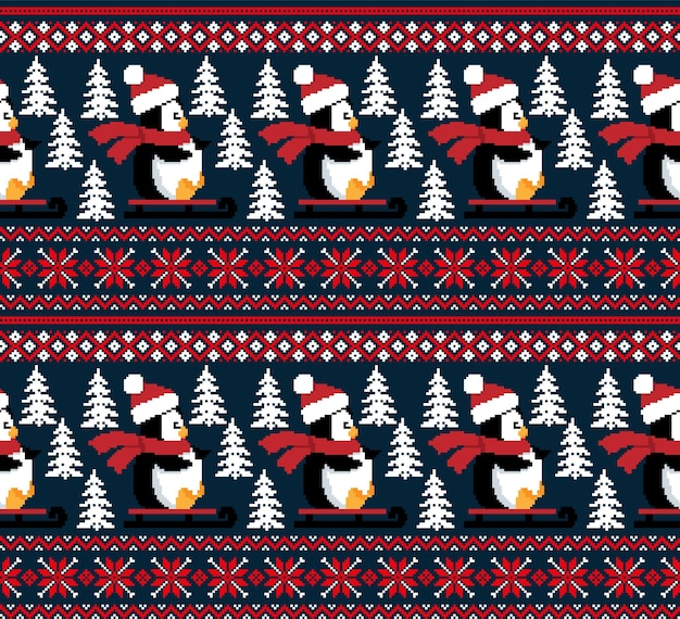 Pixel de modèle de Noël du nouvel an dans l'illustration vectorielle de pingouins