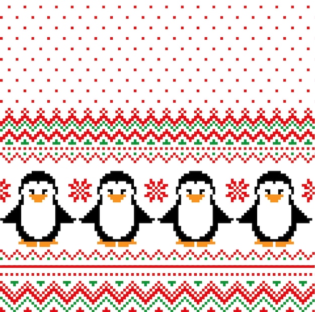 Pixel de modèle de Noël du nouvel an avec des pingouins vector illustration eps