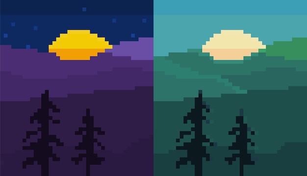 Vecteur pixel nature forêt jour et nuit abstrait