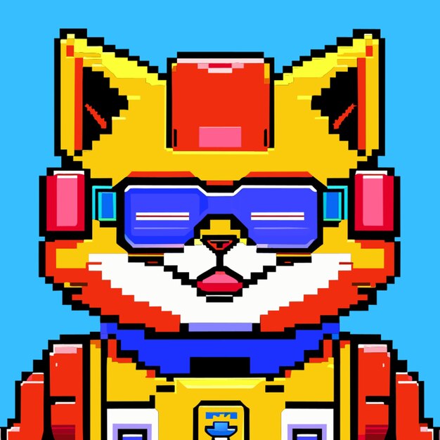 Vecteur pixel vecteur 8 bits chat corriger les formes symétriques dans une combinaison de robot robot casque lunettes souriant