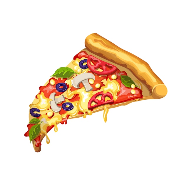 Vecteur pizza aux champignons, pâte de tomate, fromage, tomate, maïs, fromage et olives. tranche de pizza sur fond blanc. dessin