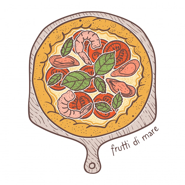 Pizza Aux Fruits De Mer, Dessin Illustration