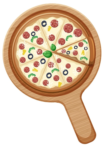 Une pizza entière avec garniture au pepperoni sur une plaque en bois isolée