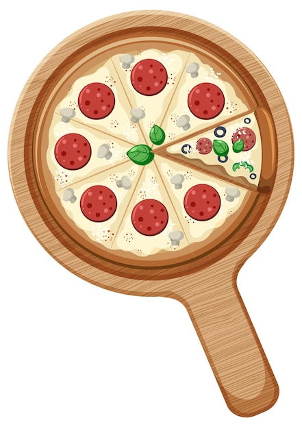 Une pizza entière avec garniture au pepperoni sur une plaque en bois isolée