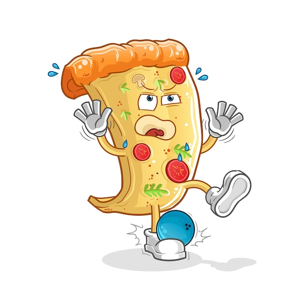 Vecteur pizza frappée par la mascotte de dessin animé de bowling. mascotte de dessin animé