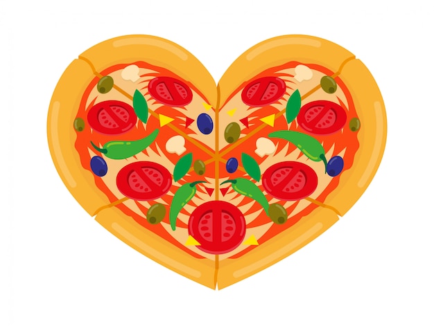 Pizza Italienne En Forme De Coeur. Illustration De Dessin Animé Aime Le Concept De Pizza.