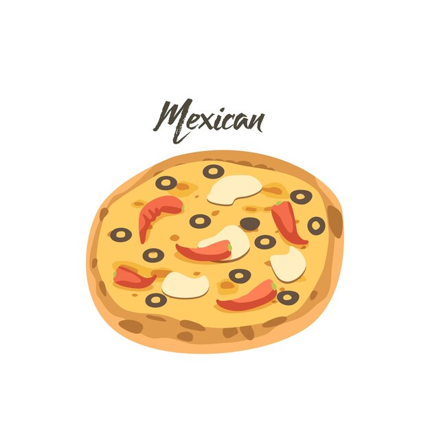 Pizza mexicaine avec piments rouges Jalapeno, olives et croustilles sur une couche de fromage. Icône de restauration rapide, malbouffe de rue, collation à emporter isolé sur fond blanc. Illustration vectorielle de dessin animé