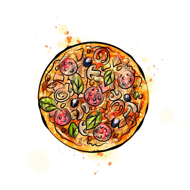 Pizza à Partir D'une Touche D'aquarelle, Croquis Dessiné à La Main. Illustration De Peintures