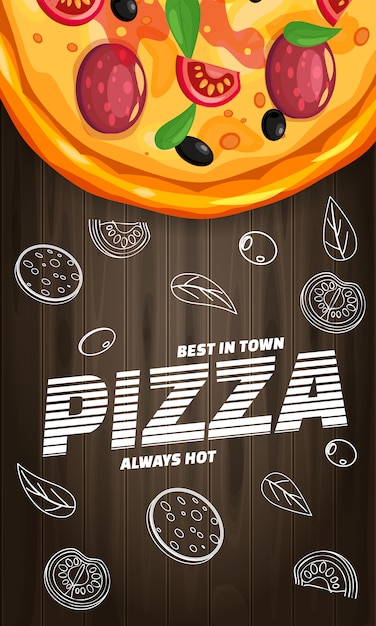 Vecteur pizza pizzeria flyer verticale italienne avec les ingrédients et le texte, vue de dessus de la restauration rapide