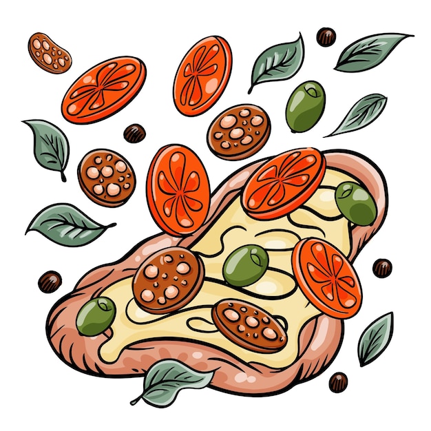 Pizza Rectangulaire Romaine Avec Salami De Tomates Volantes Et Herbes Image De Dessin Animé De Vecteur