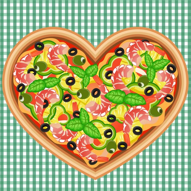 Pizza Romantique En Forme De Coeur Avec Crevettes Et Ananas L'image Vectorielle Peut être Utilisée Pour La Conception D'affiches De Menu Alimentaire Ou D'autres Travaux Manuels