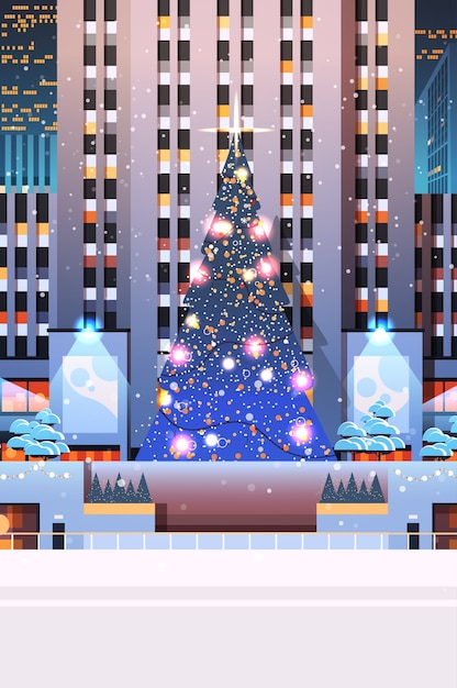 Place De La Ville Centrale Avec Arbre De Noël Décoré Bonne Année Vacances D'hiver Célébration Concept Nuit Paysage Urbain Fond Illustration Verticale