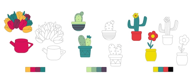 Placez Le Cactus Et La Fleur Sur Le Pot Coloré Pour Le Livre D'enfants