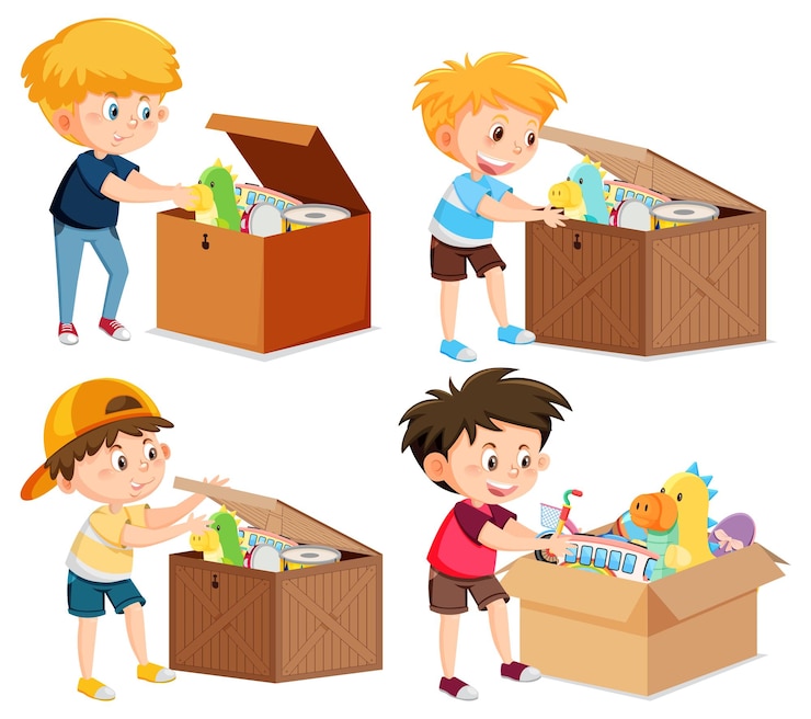 Vecteur placez les enfants avec des jouets dans la boîte