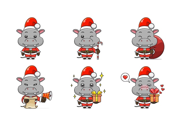 Placez L'hippopotame Mignon Dans L'animal De Dessin Animé De Costume De Noël Dans La Vue De Face De Costume De Santa Six Poses