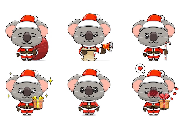 Vecteur placez le koala mignon dans l'animal de dessin animé de costume de noël dans la vue de face de costume de santa six poses