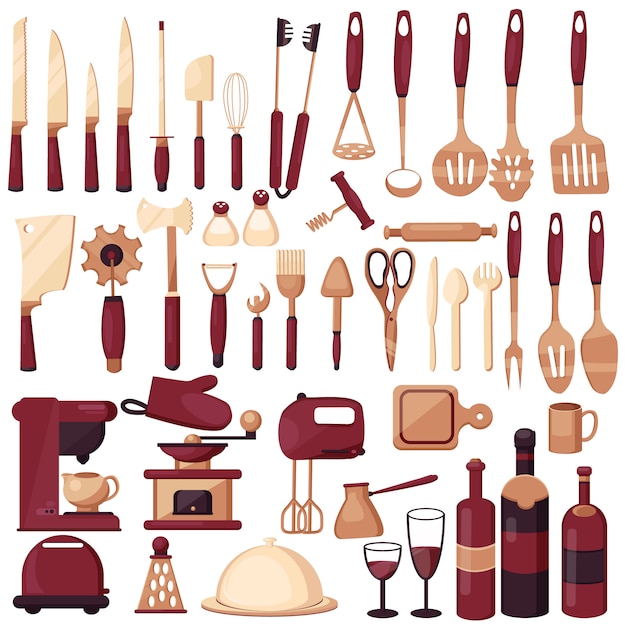Vecteur placez les ustensiles de cuisine pour cuisiner. cuisine, cuisine, technologie de la cuisine, goût, délicieux. cafetière, mixeur, couteaux, cuillère, fourchette, cuillère, ciseaux.