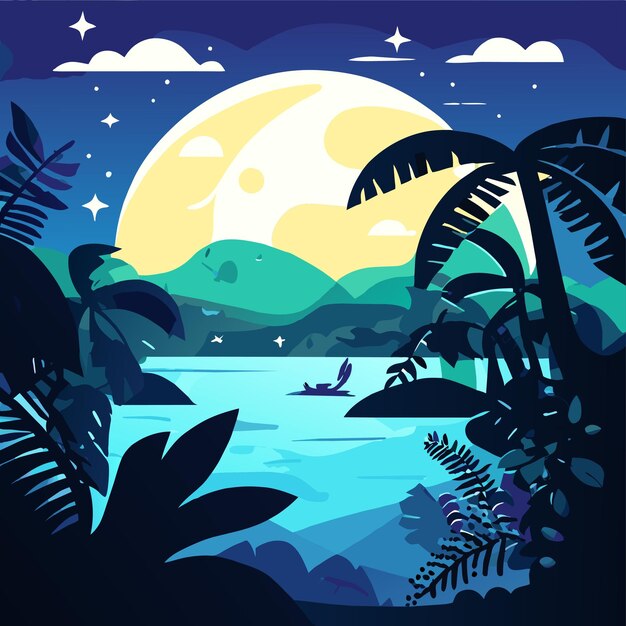 Vecteur plage au coucher du soleil palmiers d'île tropicale dessinée à la main mascotte plate élégante dessin animé