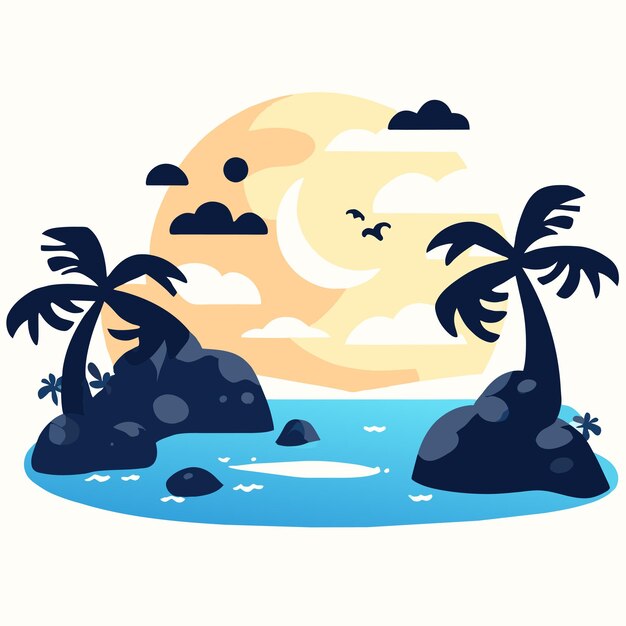 Plage Au Coucher Du Soleil Palmiers D'île Tropicale Dessinée à La Main Mascotte Plate élégante Dessin Animé