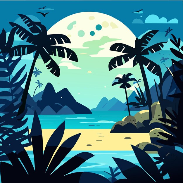 Vecteur plage au coucher du soleil palmiers d'île tropicale dessinée à la main mascotte plate élégante dessin animé