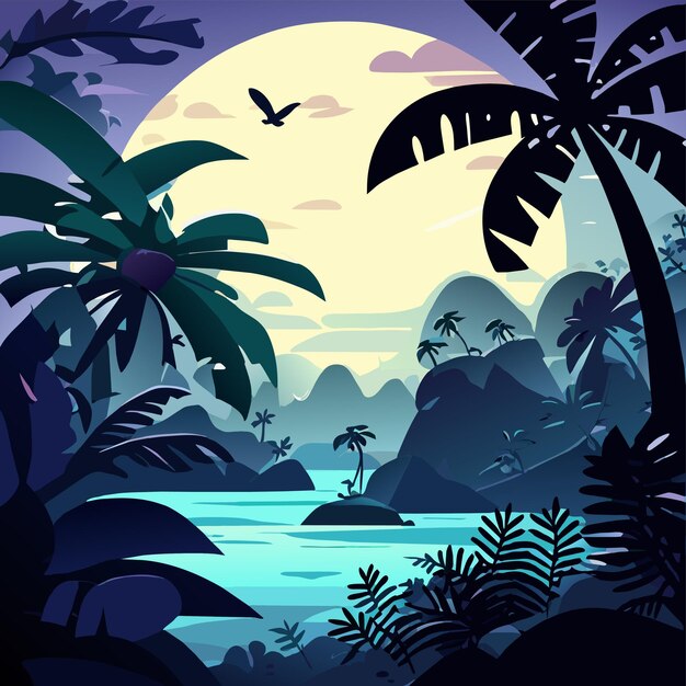 Vecteur plage au coucher du soleil palmiers d'île tropicale dessinée à la main mascotte plate élégante dessin animé