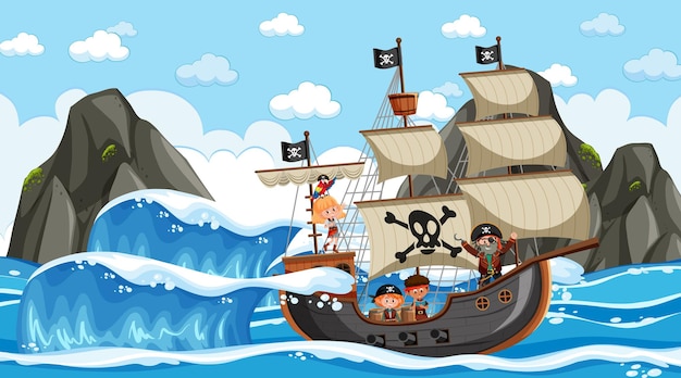 Vecteur plage avec bateau pirate à la scène de jour en style cartoon