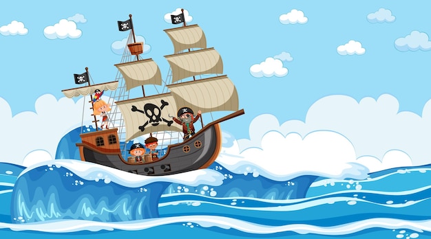 Plage avec bateau pirate à la scène de jour en style cartoon