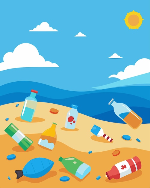 Une plage couverte de bouteilles d'eau en plastique et de jouets de plage jetés Illustration vectorielle