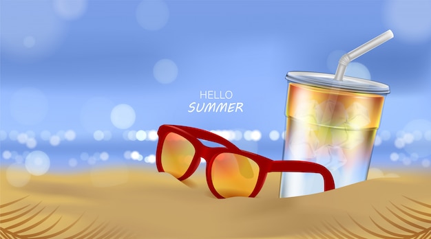 Plage D'été Et Soleil De La Mer, Cocktail De Soda Et Lunettes De Soleil Sur Fond De Plage En Illustration 3d