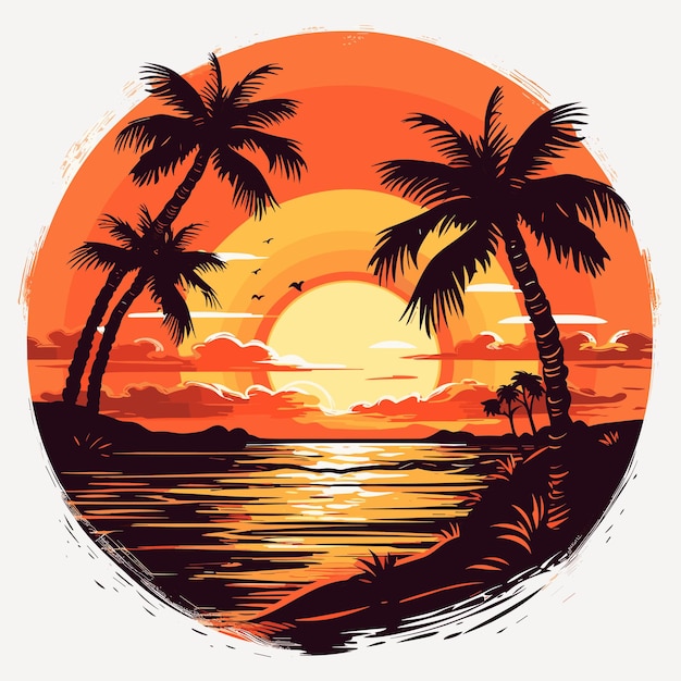 Vecteur plage d'été tropicale océan coucher de soleil et lever de soleil vue illustration de dessin animé vacances d'été vacances