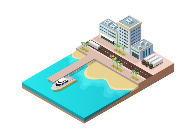 Plage isométrique avec bâtiment portuaire
