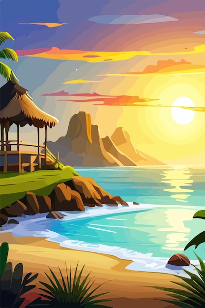 Vecteur une plage paradisiaque verticale dans les caraïbes avec des palmiers, un coucher de soleil et une mer en arrière-plan.
