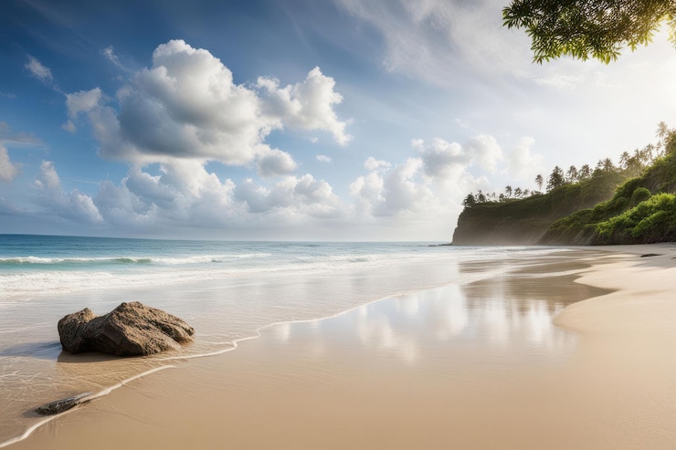 Vecteur une plage avec un rocher dans l'eau et une plage en arrière-plan