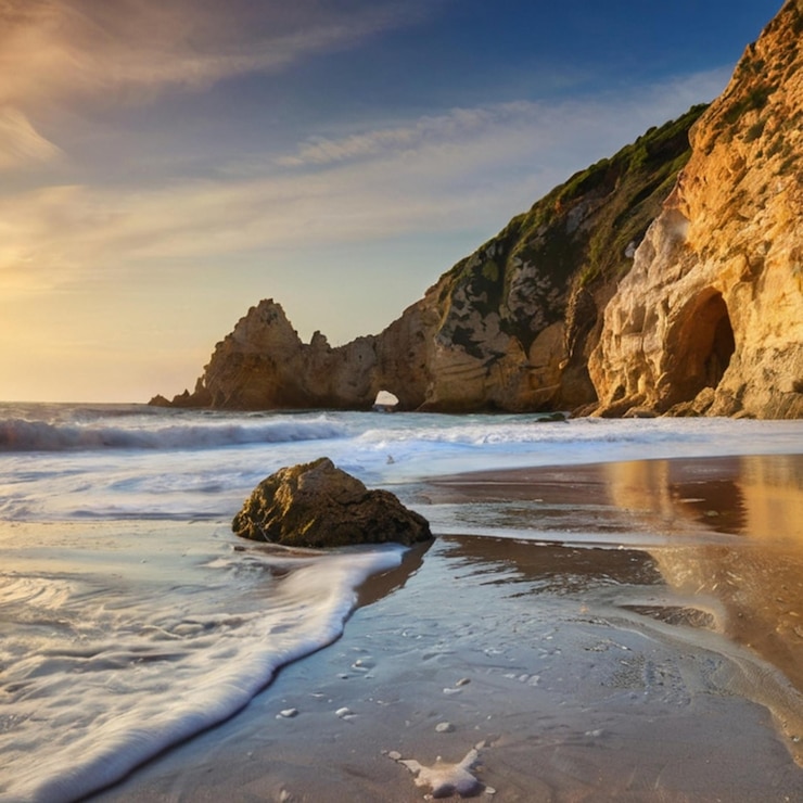 Vecteur une plage avec un rocher dans l'eau et une scène de plage avec une vague qui s'y brise