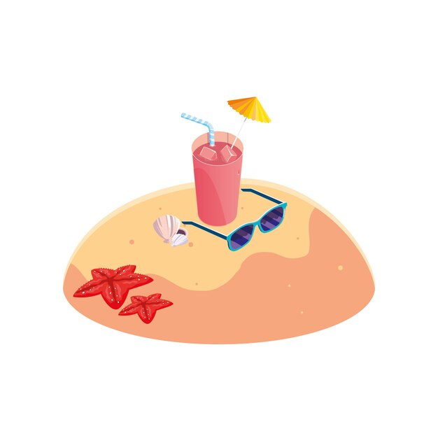 Vecteur plage de sable en été avec cocktail